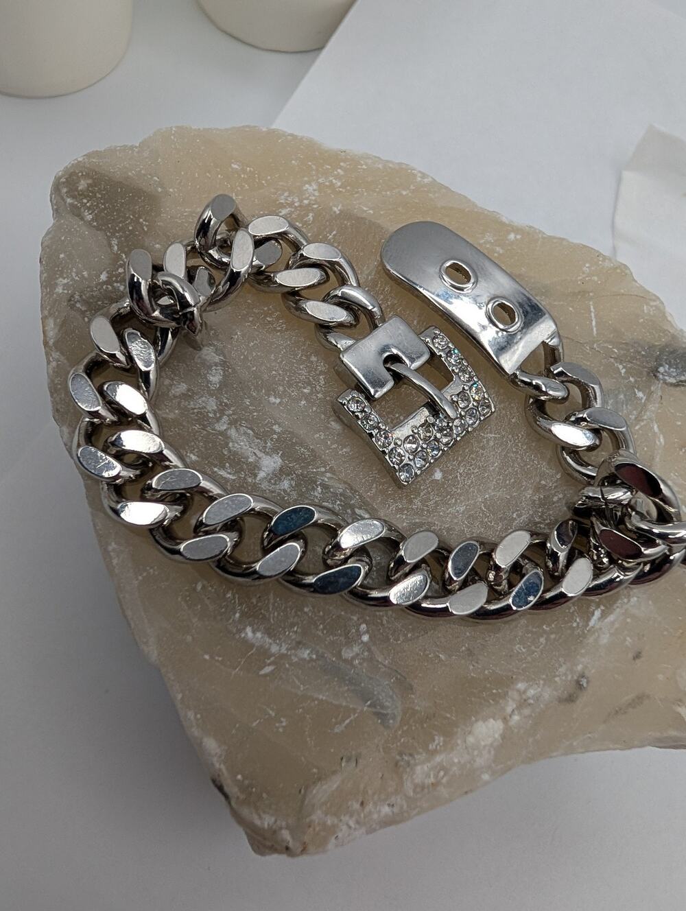 Lia Sophia Modern Cuban Curb Chain Bracelet Silver Tone Pave Crystal Buckle